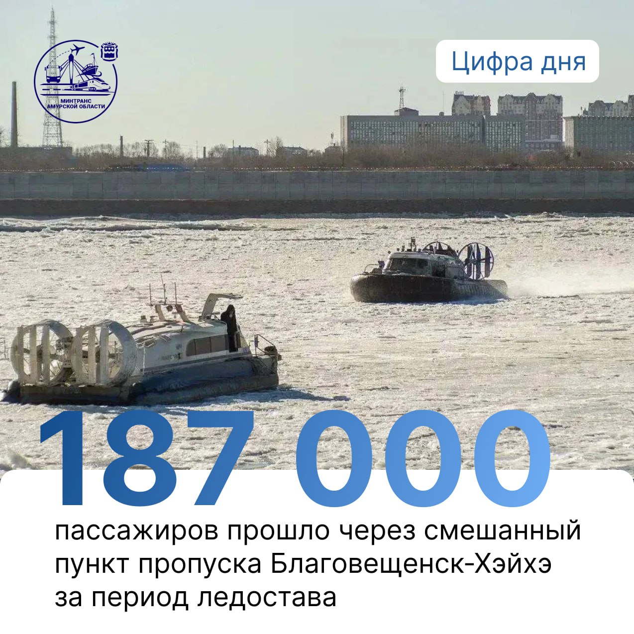 Впечатляющая #Цифра_дня. По данным Росгранстроя за период ледостава через смешанный пункт пропуска Благовещенск-Хэйхэ прошло порядка 187 000 человек