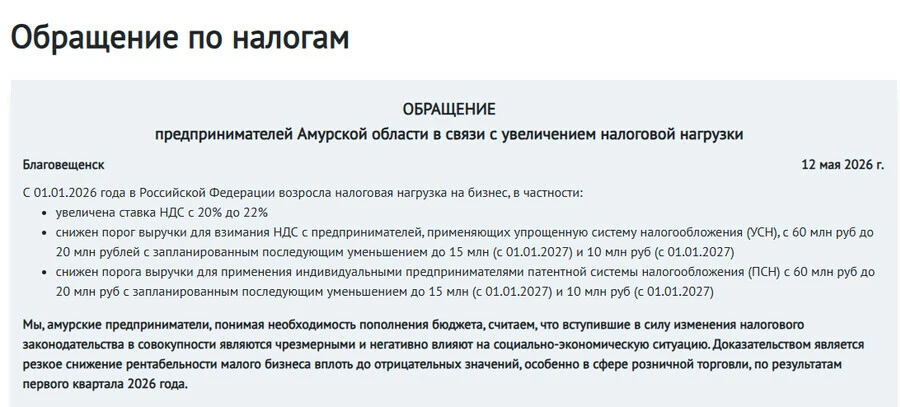 Амурские предприниматели составили обращение против роста налогов